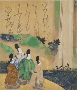 Nobles Viewing the Nunobiki Waterfall, cca 1643 (inkoust a barva na papíře)